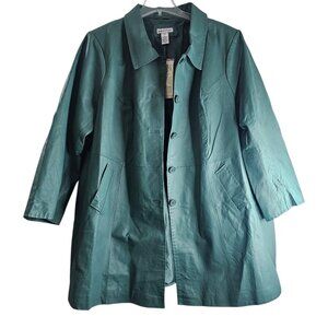 Jessica London Green Women Jacket Leather Long Coat Size 26 Topstitching Button